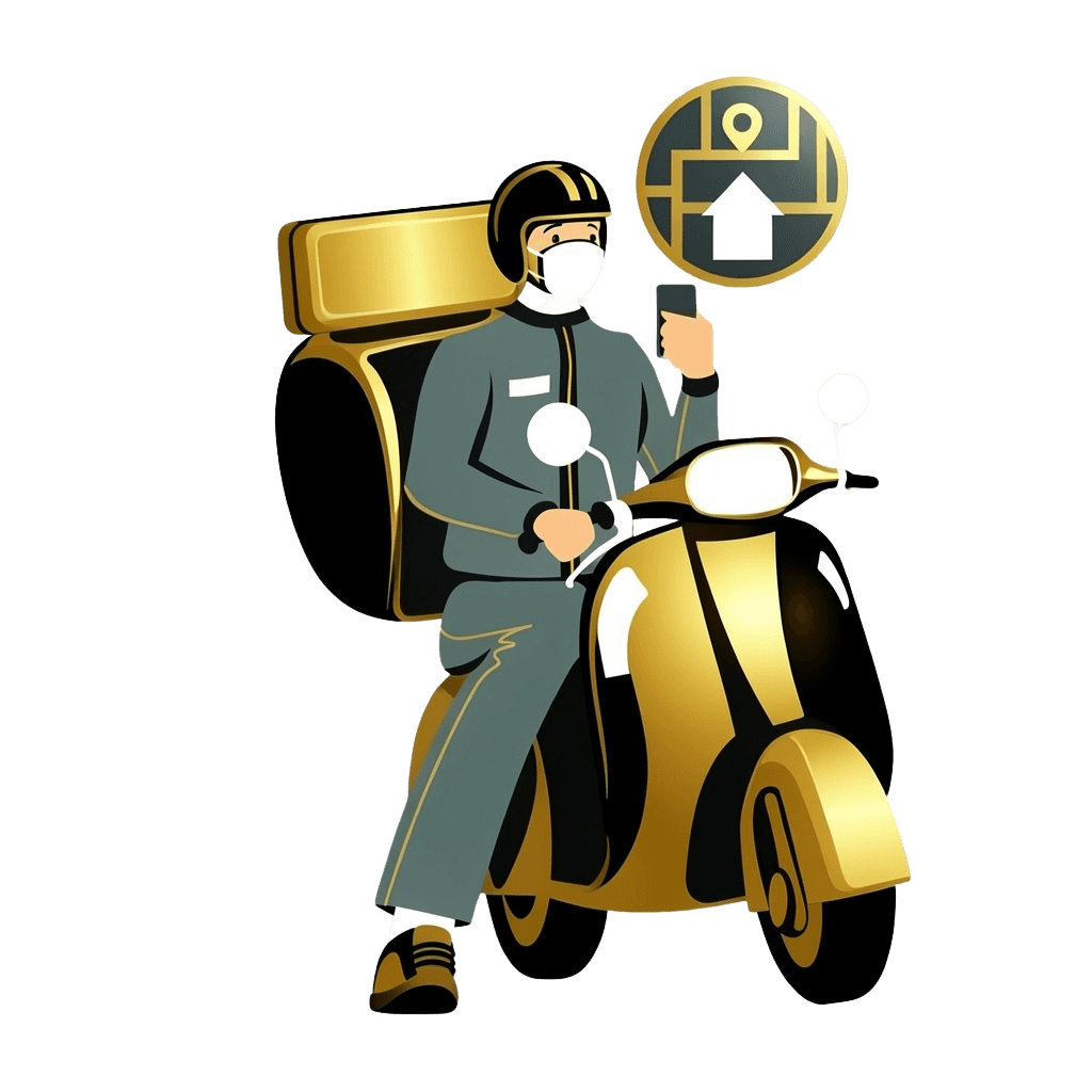 O&D Logistics courier on a gold scooter with delivery box